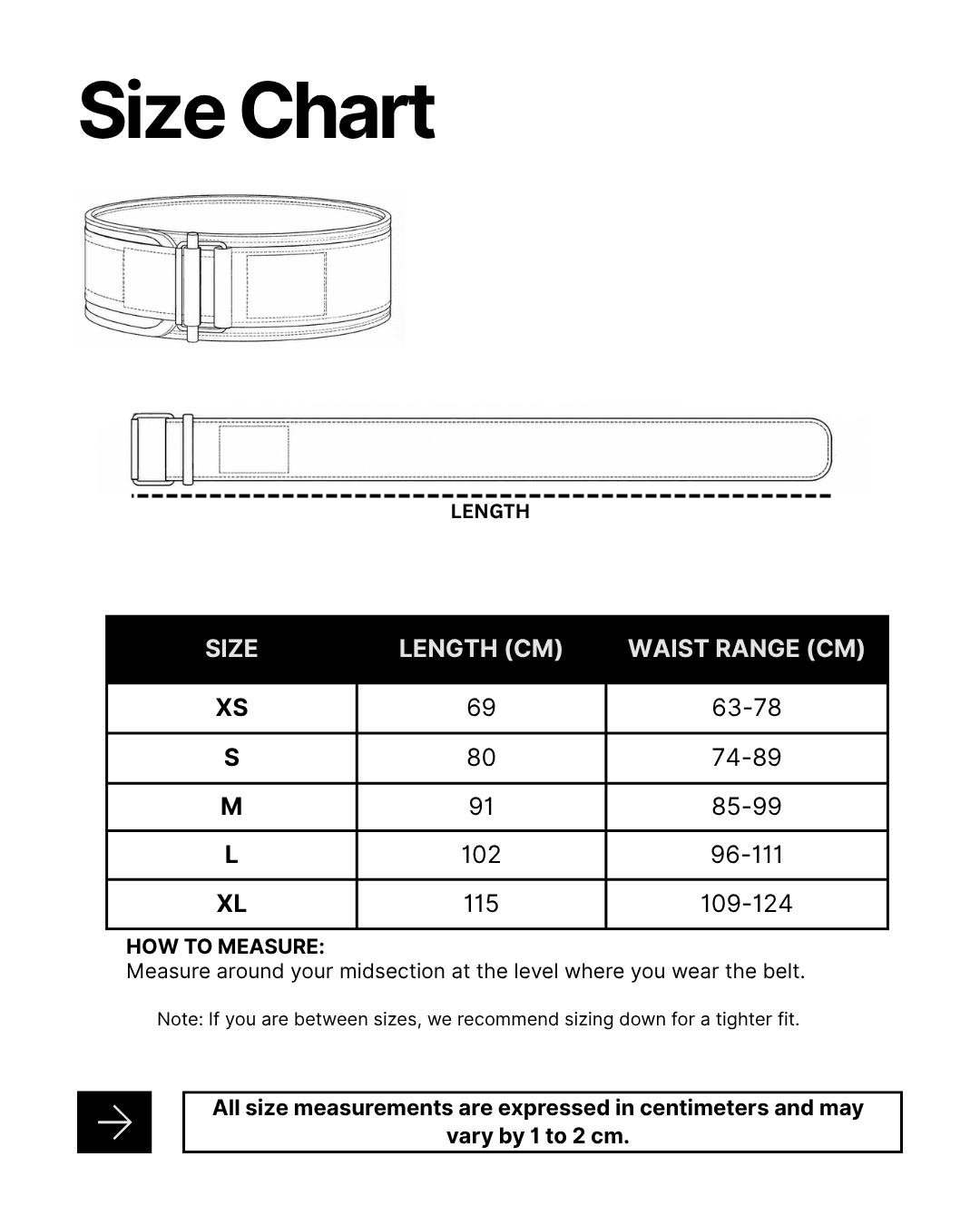 SQUATRAT nylon belt: size chart showing belt length and waist range