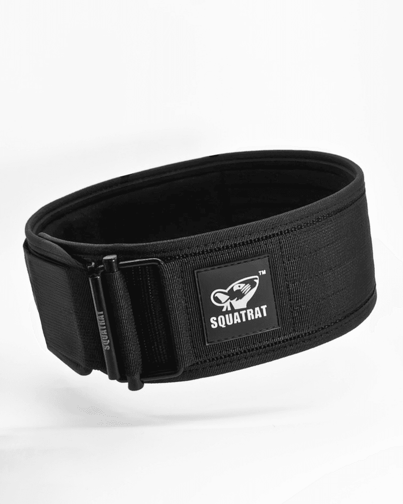 Black SQUATRAT canvas weightlifting belt in an angled front view, showing the buckle and logo patch.