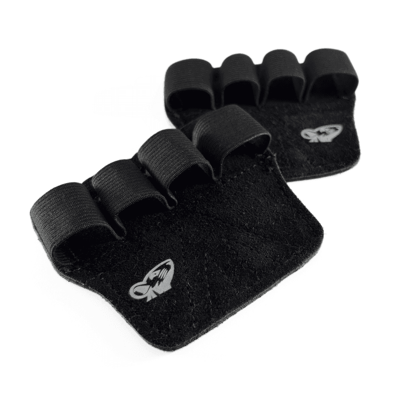 Black SQUATRAT suede leather grips: angled pair with four finger loops.