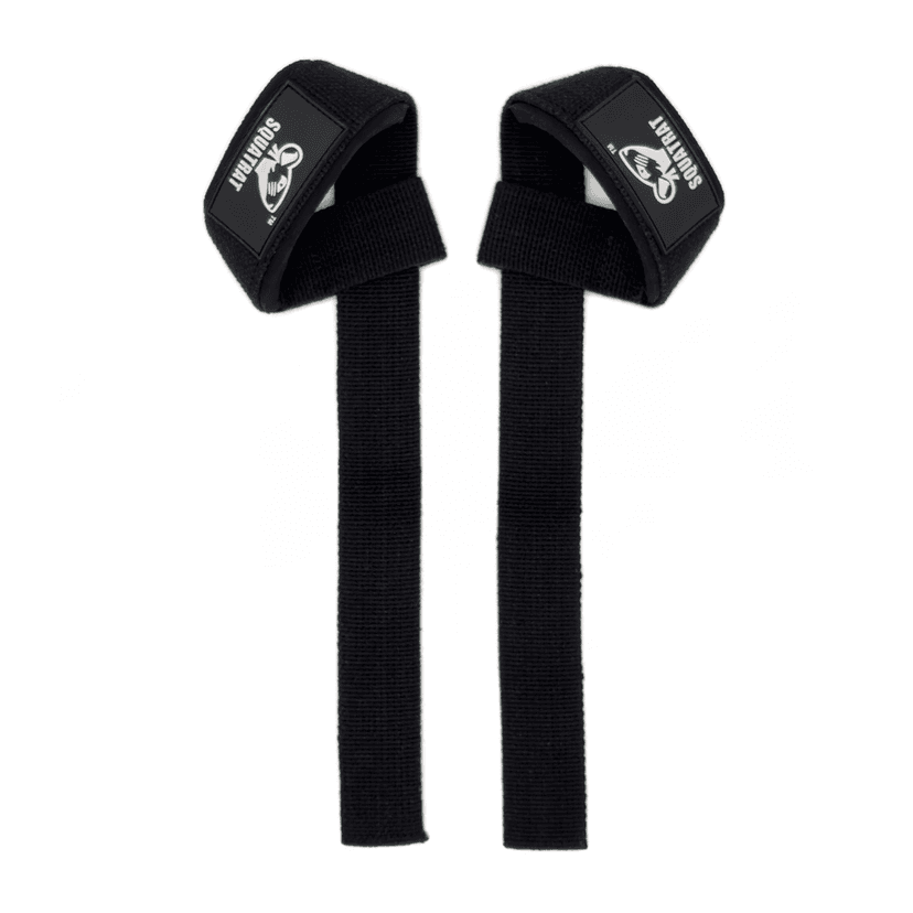 SQUATRAT plain cotton lifting straps: black pair with logo patches and wrist loops.