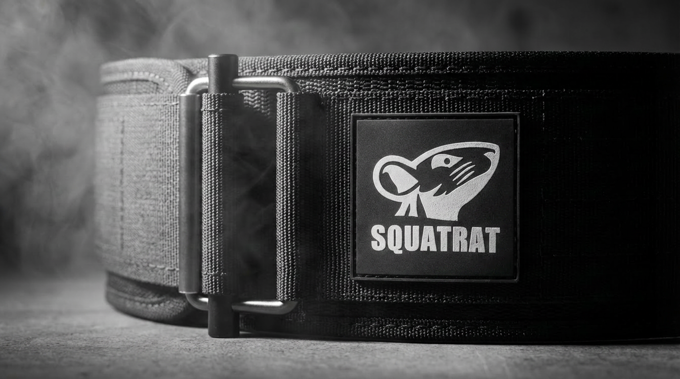 SQUATRAT weightlifting belt buckle and logo patch detail
