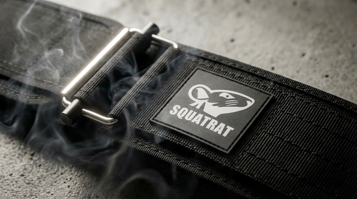 SQUATRAT canvas belt buckle and logo patch closeup